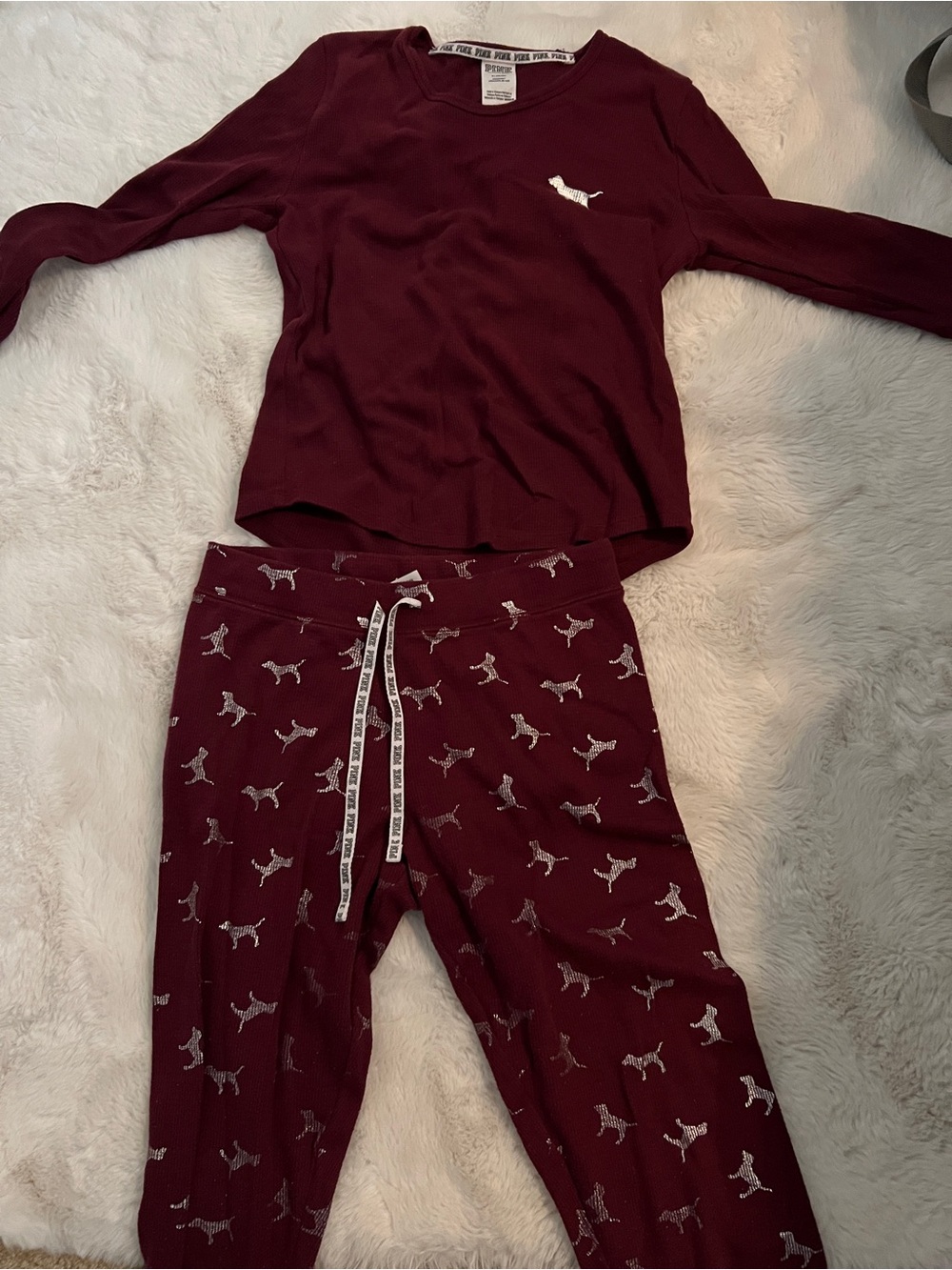 PINK Victoria's Secret Burgundy Kids' Pajama Set with Dog Motif